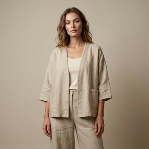 FILOSOFIA Womens 100% Linen Kimono Jacket Beige‎ Open Front Oversized Medium USA